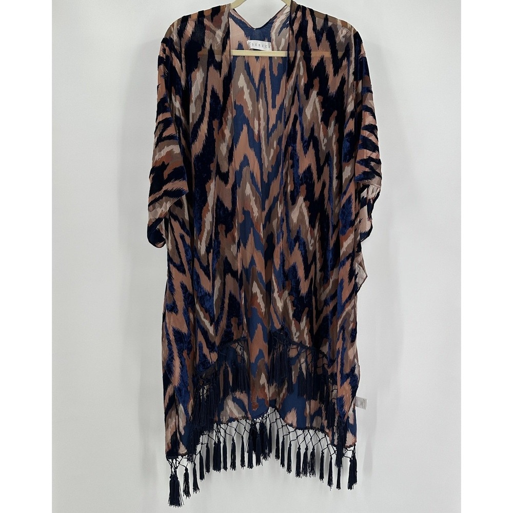 Women Boho Burnout Velvet Kimono One Size Tassel Fringe Layering Whimsical Bold